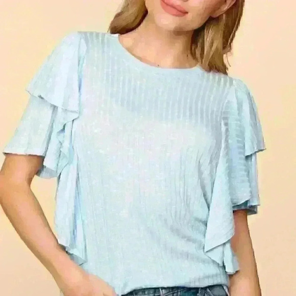 Baby Blue Ribbed Double Flutter Short Sleeve Top - Picture 4 of 6
